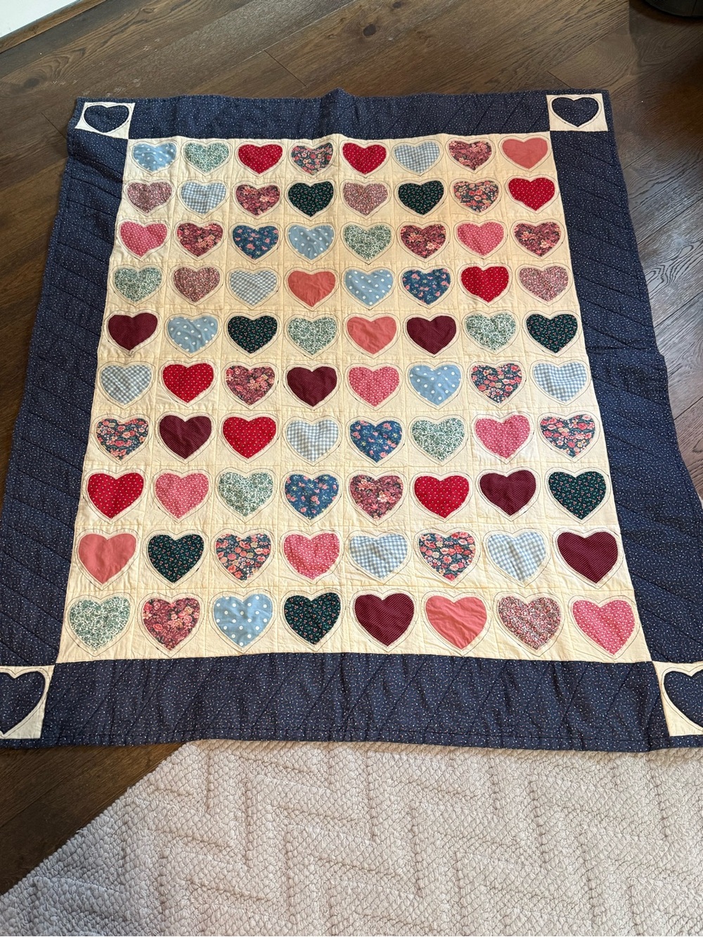Handmade vintage Heart Patchwork Quilt - Navy Border, Multi Heart Colors 56”x66”